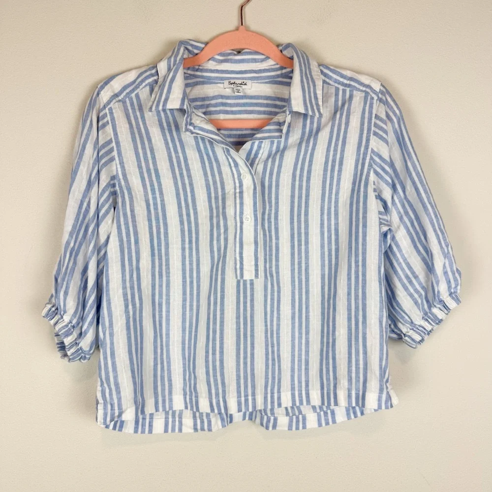 Splendid Allison Popover Top Blue White Striped Linen Blend‎ 3/4 Sleeve Size XS